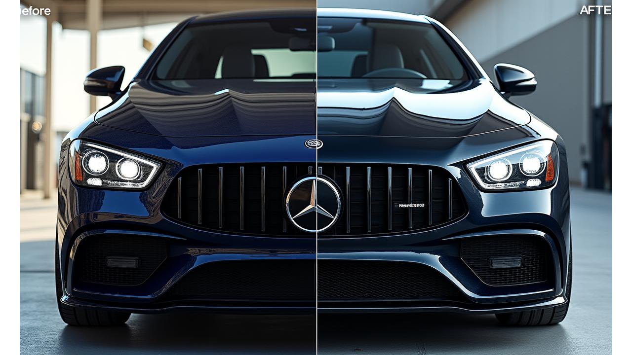 Slider interactif avant/après montrant la transformation spectaculaire d'une voiture grâce au detailing extérieur par thaito-go.com