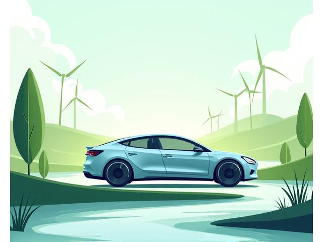 Illustration montrant des symboles d'énergie renouvelable (panneaux solaires, éoliennes) et des gouttes d'eau recyclées à côté d'un véhicule électrique propre, représentant l'engagement écologique d'thaito-go.com.