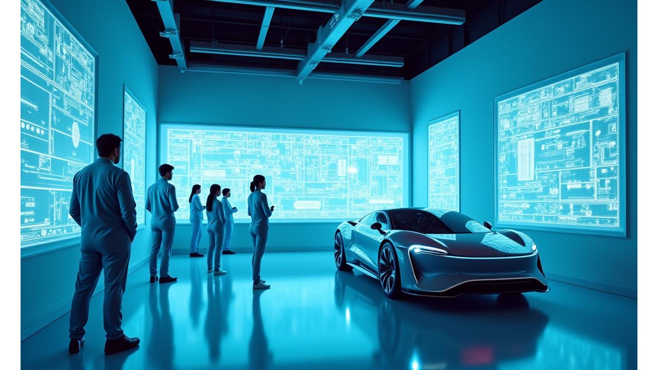 Image conceptuelle d'un laboratoire de recherche automobile futuriste avec des techniciens analysant des véhicules électriques de prochaine génération, symbolisant l'engagement d'thaito-go.com pour l'innovation et l'avenir de l'automobile.