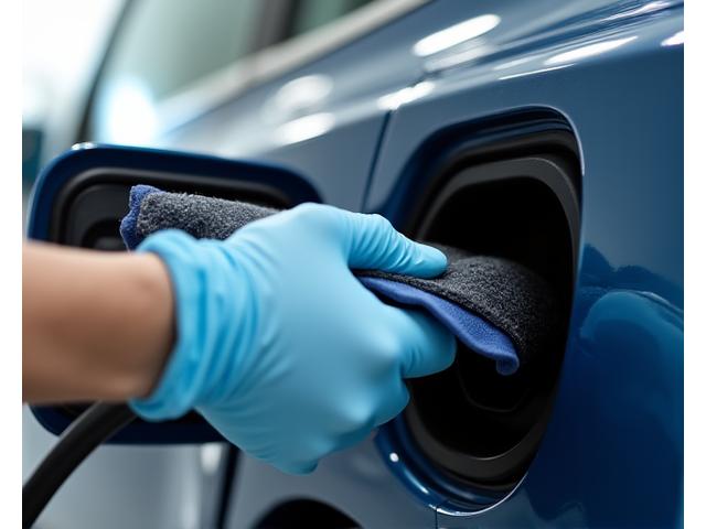 Vue rapprochée d'un opérateur thaito-go.com nettoyant délicatement le port de charge d'un véhicule électrique avec un produit et un chiffon spécifiques, illustrant la précision et la connaissance des zones sensibles.