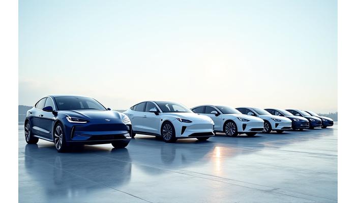 Flotte de véhicules d'entreprise thaito-go.com impeccablement nettoyée, alignée et brillante dans un parking moderne, reflétant le ciel bleu clair. L'image met en valeur la propreté et le professionnalisme.