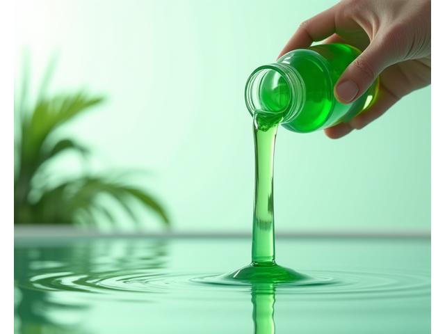 Main versant un liquide vert dans un seau à travers un filtre, symbolisant le respect de l'environnement, avec le logo thaito-go.com en arrière-plan