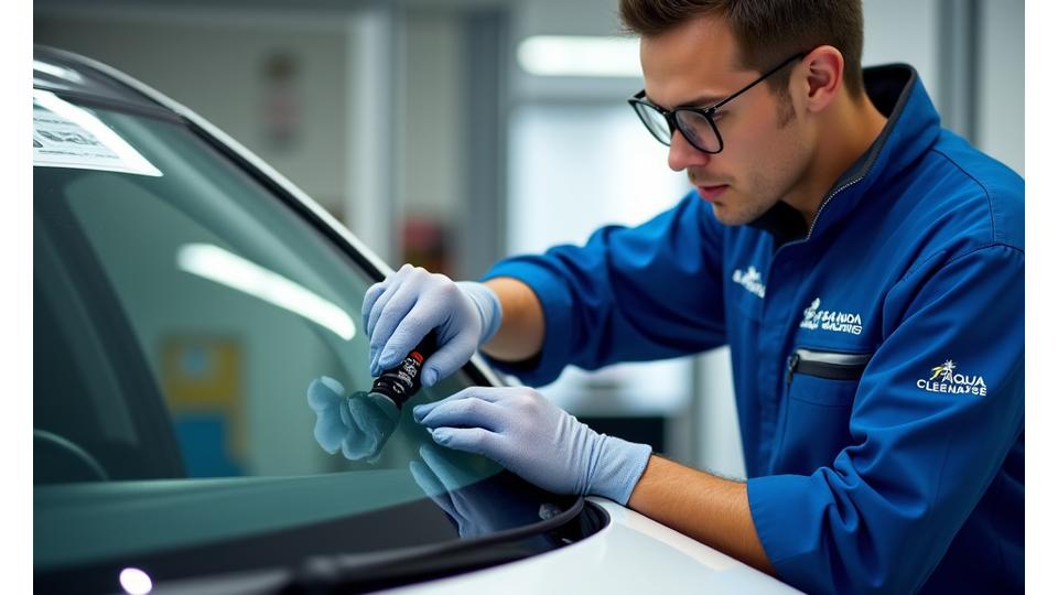 Un technicien thaito-go.com en uniforme bleu et orange appliquant méticuleusement un traitement hydrophobe sur le pare-brise d'une voiture, éclairé par une lumière diffuse pour accentuer la précision du geste.
