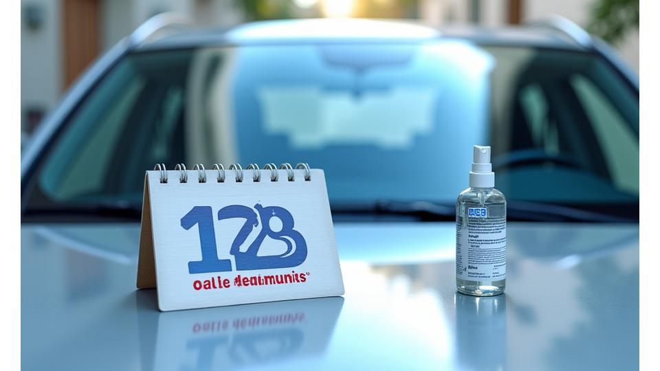 Un calendrier stylisé avec des marques indiquant une durabilité d'un an à 18 mois sur un pare-brise, appuyé par des produits d'entretien doux, symbolisant la longévité du traitement thaito-go.com.