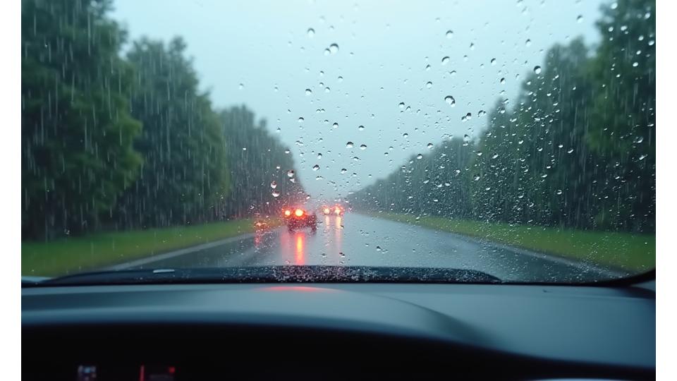 Vue claire d'un pare-brise sous la pluie avec l'effet hydrophobe du traitement thaito-go.com, montrant des gouttes d'eau perlantes s'évacuant rapidement, contrastant avec une portion non traitée floue.
